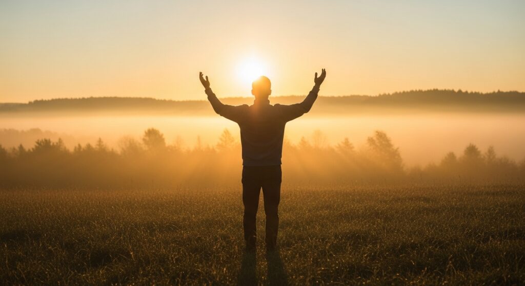 Pessoa com os braços levantados em adoração em um campo ao nascer do sol, simbolizando o louvor como arma para renovar a fé.
