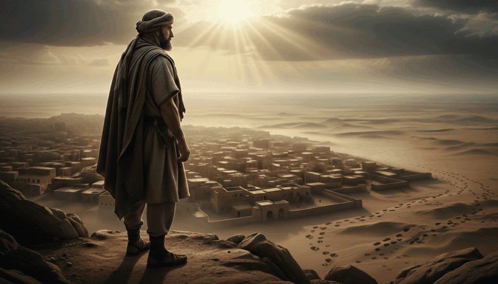 Homem representando Abraão olha para o horizonte em direção à promessa de Deus, deixando para trás a cidade de Ur, como na letra de Deus de Abraão.