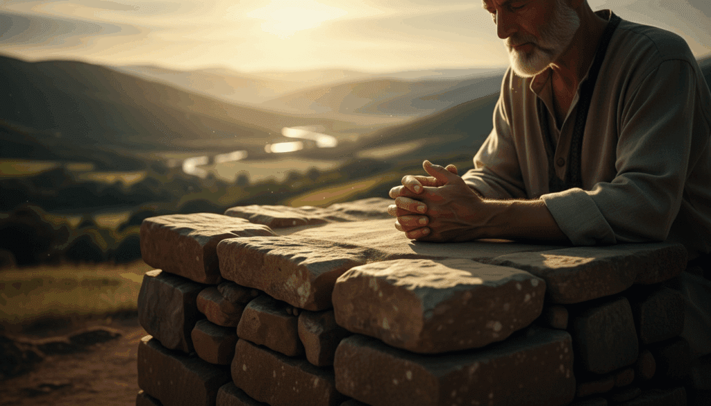 Mãos de Abraão sobre um altar de pedras, simbolizando a confiança total em Deus e a aliança mencionada na análise da música.