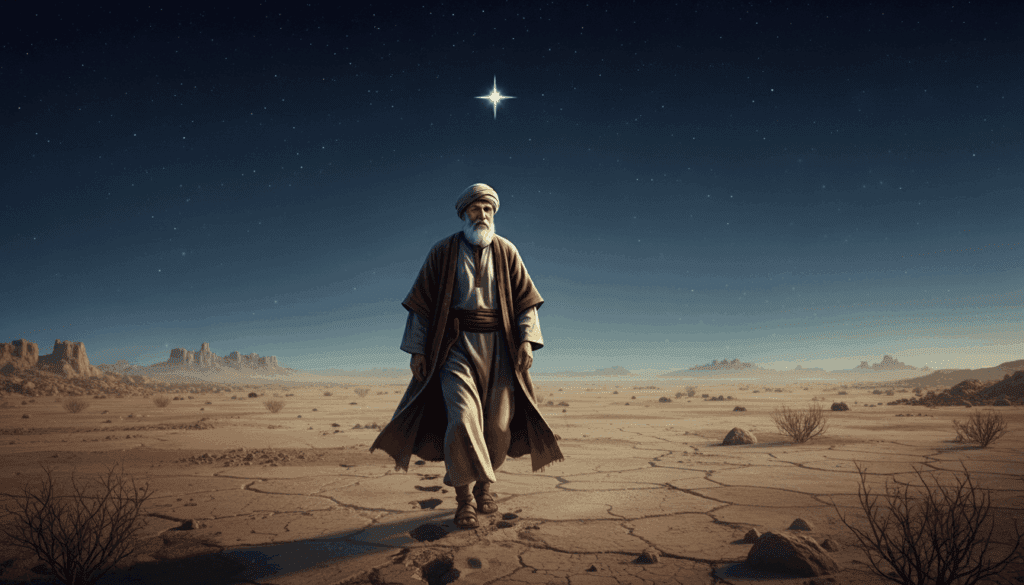 Abraão caminhando no deserto sob um céu estrelado, guiado pelo sopro de Deus, refletindo a análise da letra da música.
