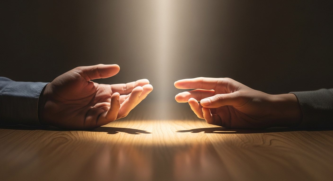 Duas mãos em uma mesa, quase se tocando, com uma luz suave entre elas, simbolizando uma oração para casamento em crise e a paz de Deus que restaura a união.
