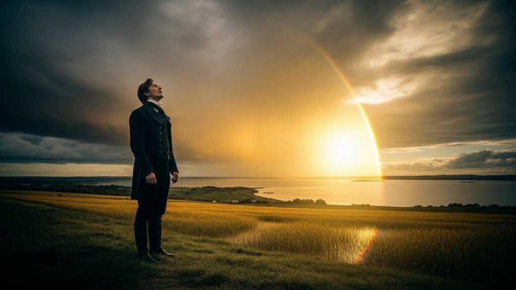 Carl Boberg observando o arco-íris sobre a baía de Mönsterås após a tempestade que inspirou o hino Grandioso És Tu.