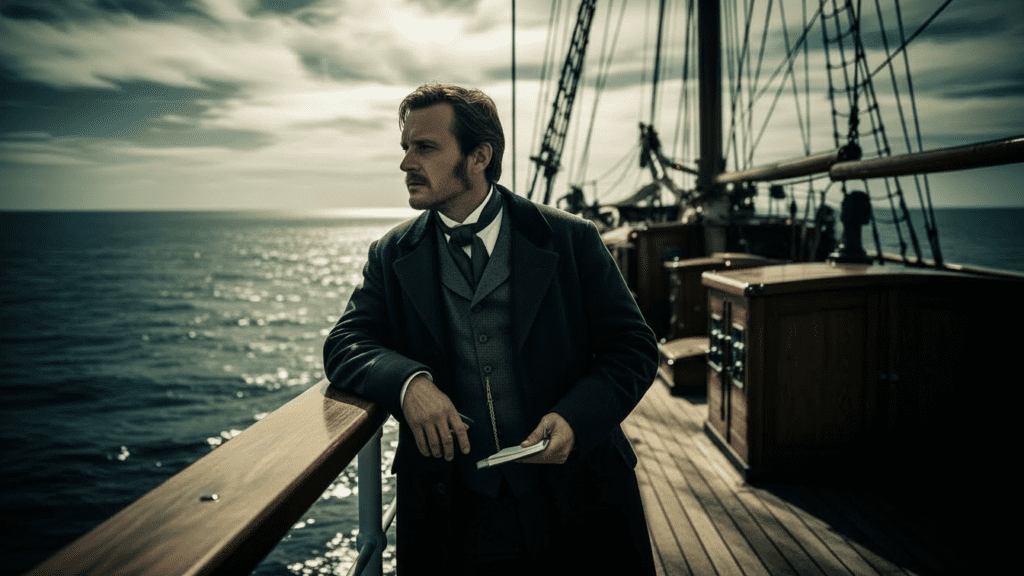 Ilustração de Horatio Spafford no convés do navio Ville du Havre olhando para o mar onde suas filhas naufragaram.