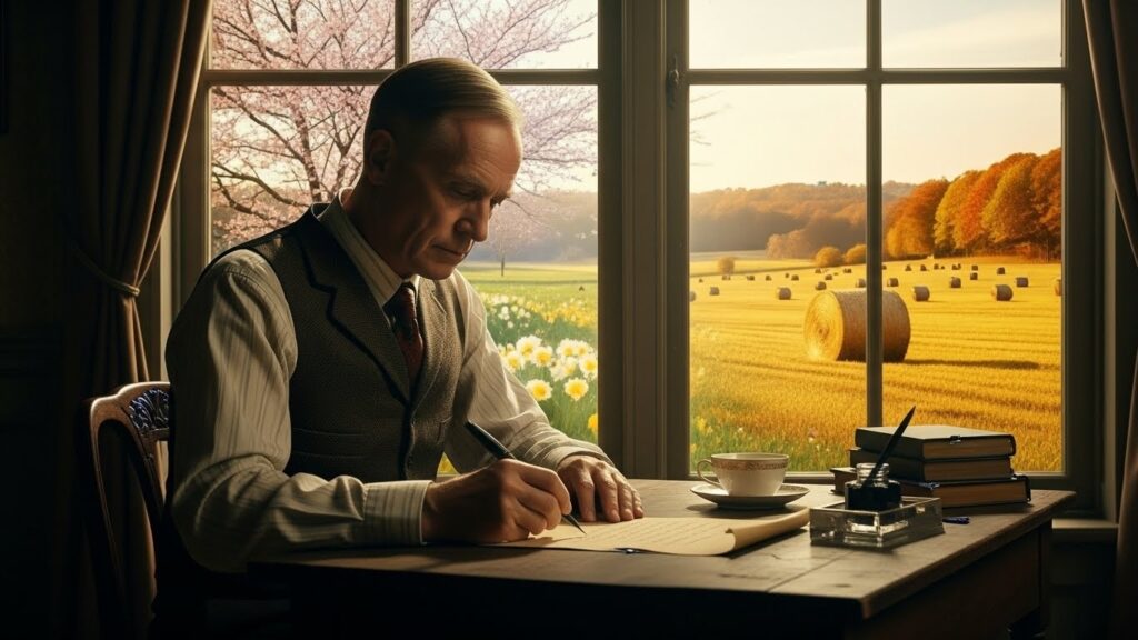 Thomas Chisholm escrevendo o hino Tu És Fiel Senhor em sua mesa, observando a mudança das estações pela janela.
