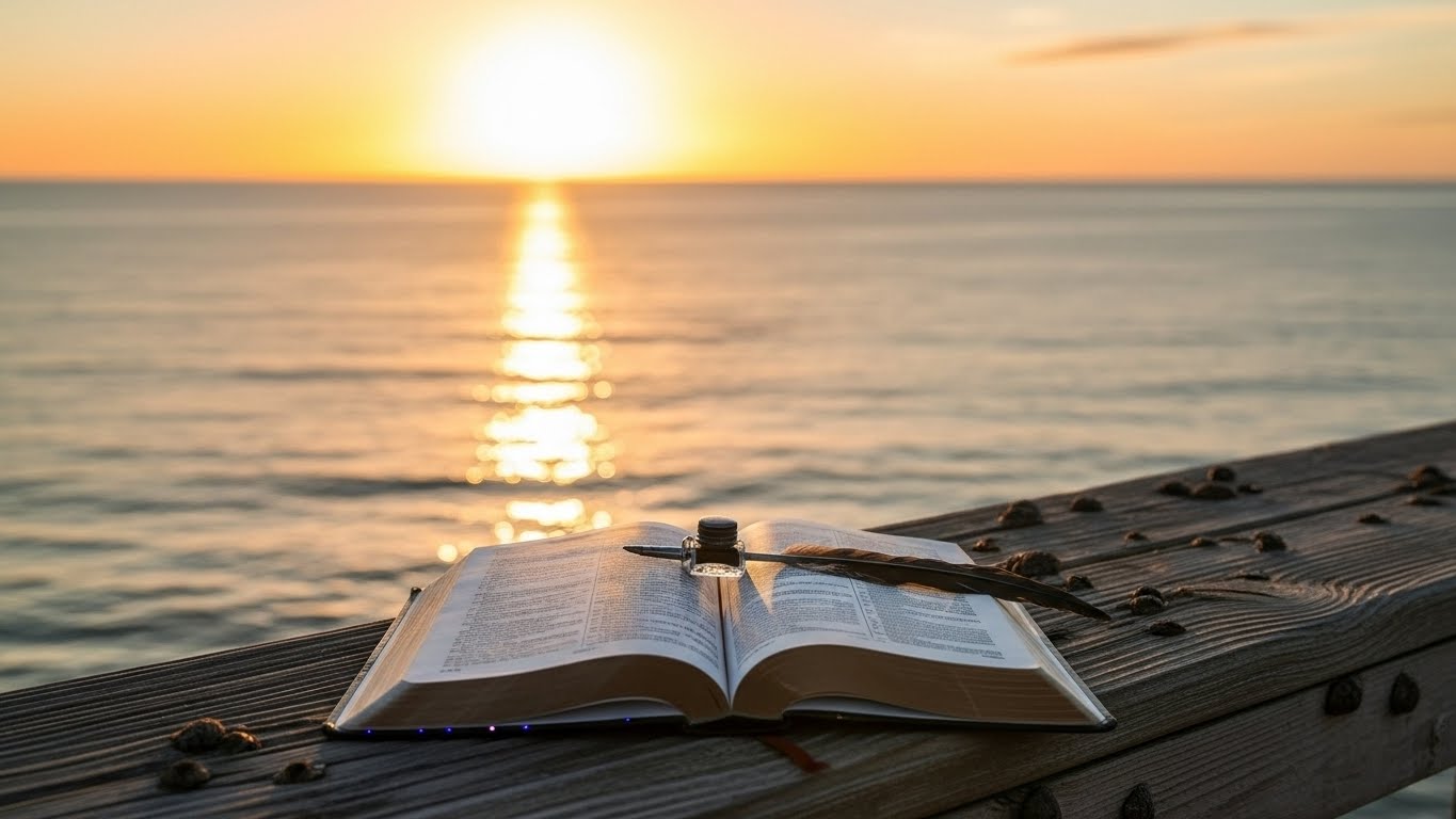 Bíblia aberta apoiada em um píer de madeira antigo com vista para o oceano calmo e dourado ao pôr do sol.