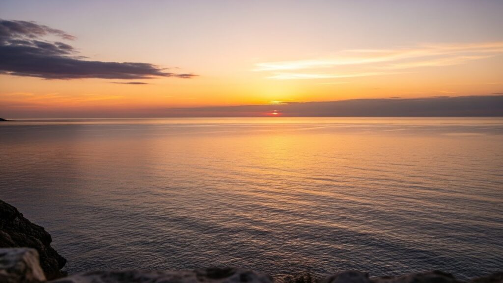 Vista panorâmica de um oceano calmo ao pôr do sol, com águas douradas e rochas em primeiro plano, inspirando paz e oração.