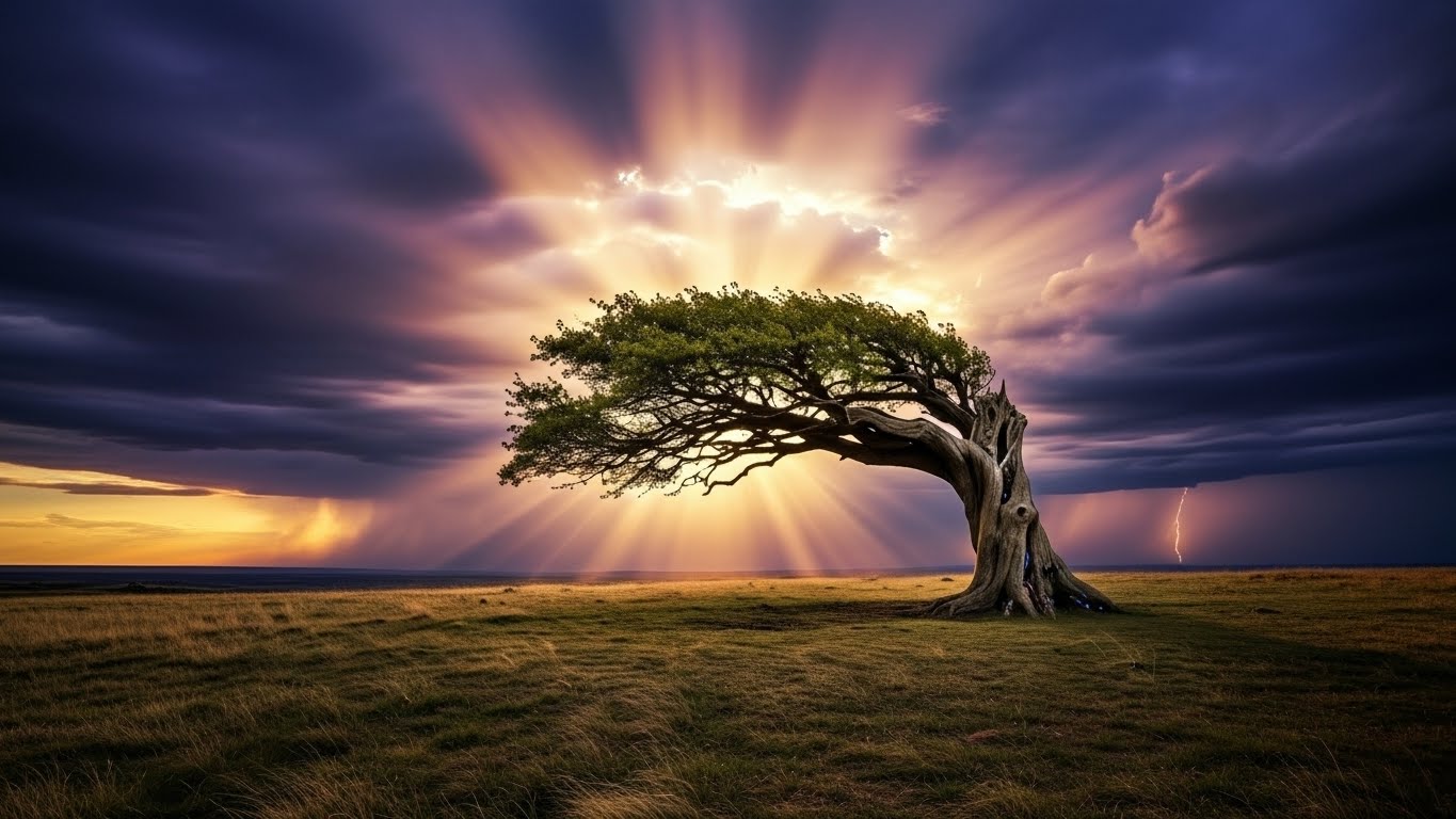 Árvore sendo curvada pelo vento em uma tempestade com raios de sol, ilustrando a letra de Me Ama.