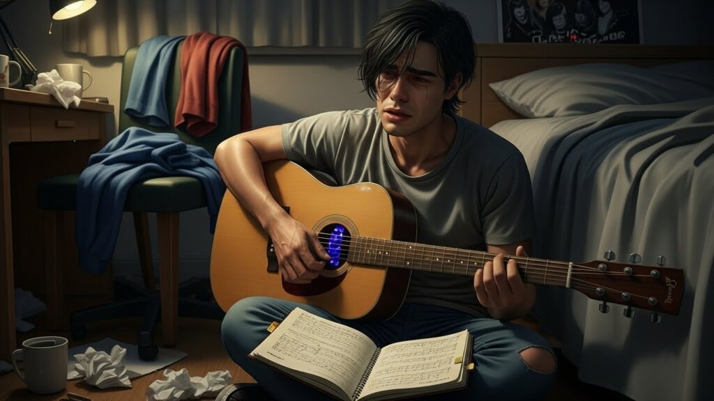 Jovem compositor John Mark McMillan compondo How He Loves em seu quarto durante a madrugada.