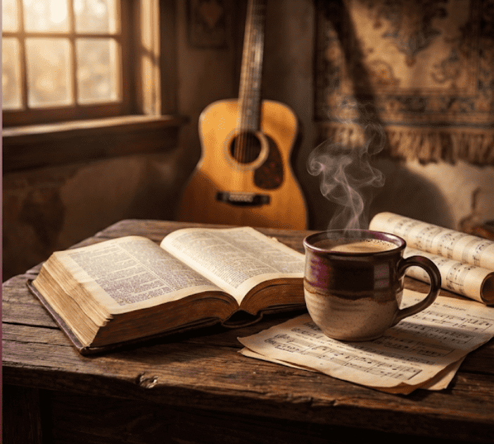 Fundo de ambiente cristão e musical, com uma Bíblia aberta, xícara de café fumegante e um violão desfocado ao fundo, em tons de bordô e bege.